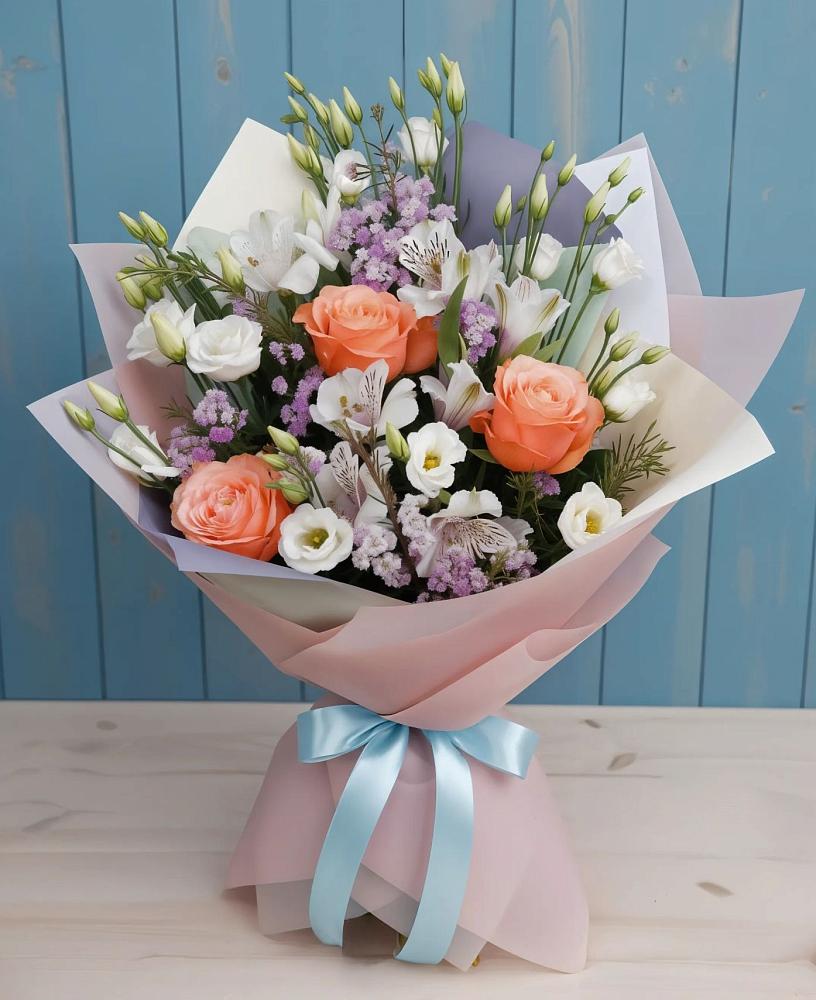 Букет цветов из: Лизиантусы, Розы, Альстромерии и Гипсофила в Калниболотской