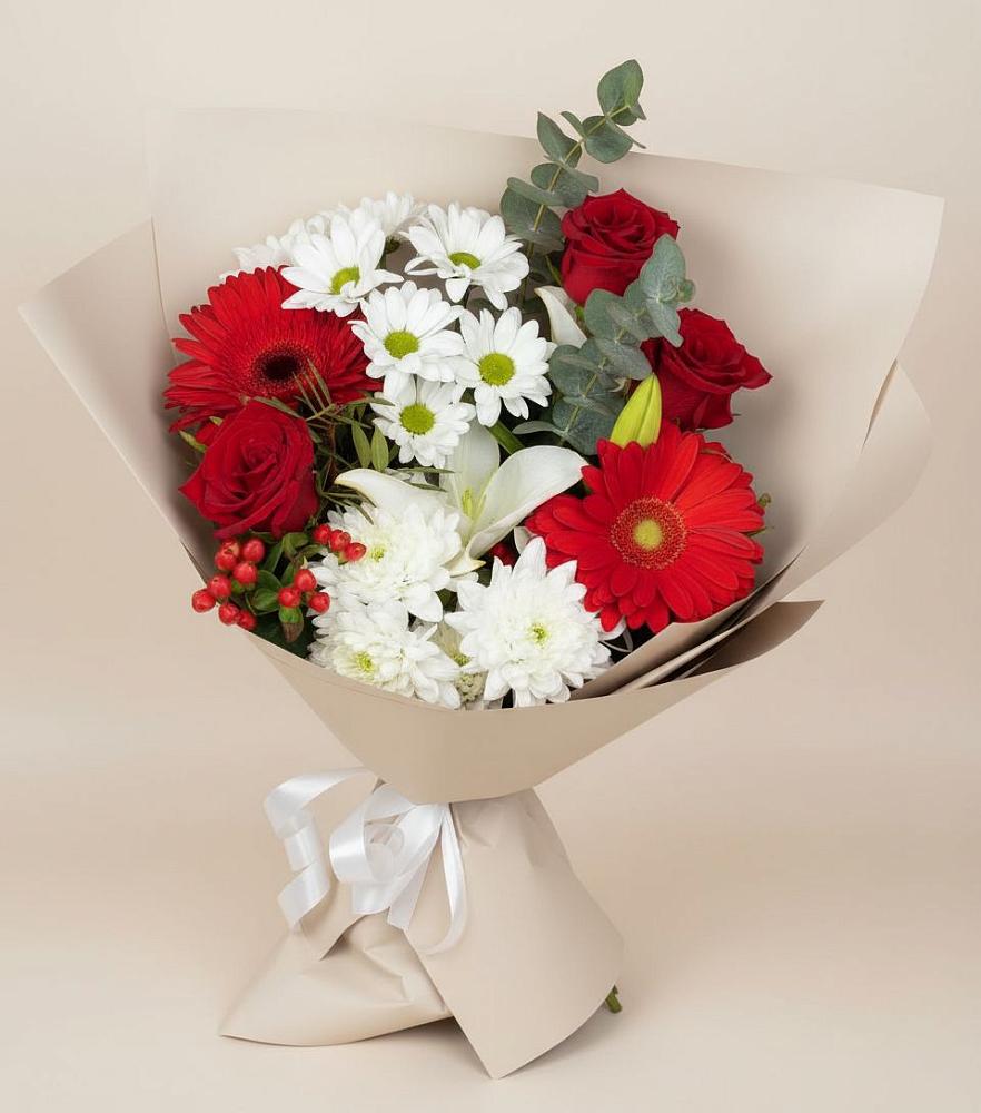 Букет цветов из: Розы, Хризантемы, Герберы и Лилии в Калниболотской
